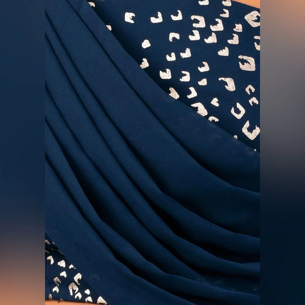 Teal Foil Print Lehenga & One Shoulder Blouse With Attached Drape — Size Medium - Picture 7 of 15